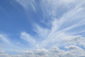 Clear blue sky with white clouds in summer time. Nature background concept.