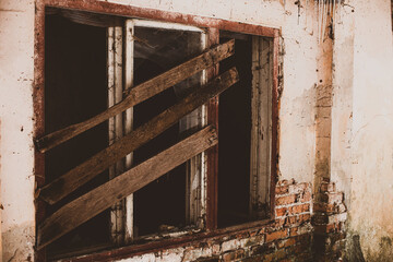 Window of an abandoned building.Urban exploration concept.