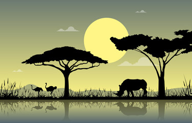 Ostrich Rhino Oasis Animal Savanna Landscape Africa Wildlife Illustration