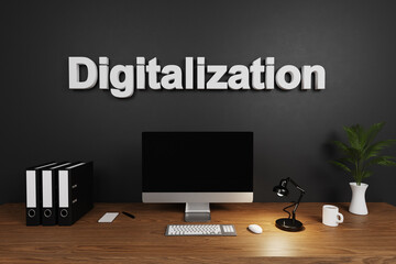 modern clean office workspace with computer screen and dark concrete wall; digitalization lettering; 3D Illustration