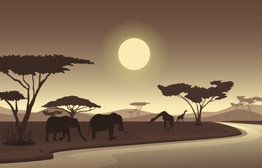 Elephant Giraffe Oasis Animal Savanna Landscape Africa Wildlife Illustration - obrazy, fototapety, plakaty