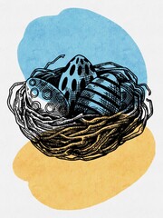 Graphical Happy Easter Nest with Eggs on abstract watercolor background, spring illustration, sketch, greeting easter card