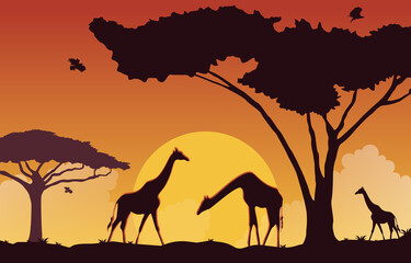 Fototapeta na wymiar Giraffe Sunset Animal Savanna Landscape Africa Wildlife Illustration