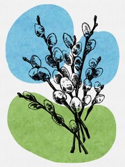 Graphical Happy Easter willow on abstract watercolor background, spring illustration, sketch, greeting easter card