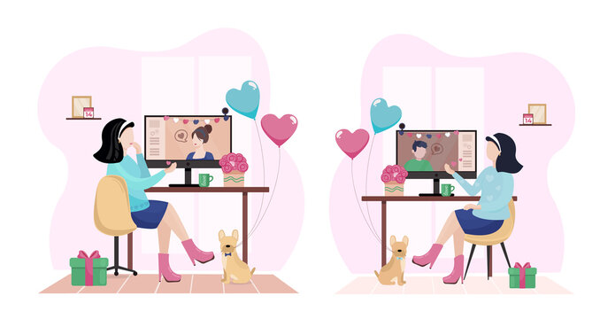 Vector set St. Valentines Day - Young woman with man online dating. Love in the air, home, romantic online chatting. Flat vector illustration for web, landing page, banner. Real life in a pandemic
