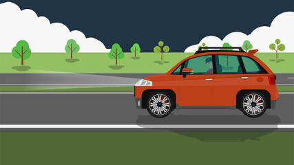 Driving man in personnel car orange color.  Drive on the asphalt road alone with turn light at night. Environment of green meadow and trees.
