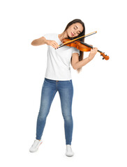 Beautiful woman playing violin on white background