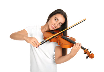 Beautiful woman playing violin on white background