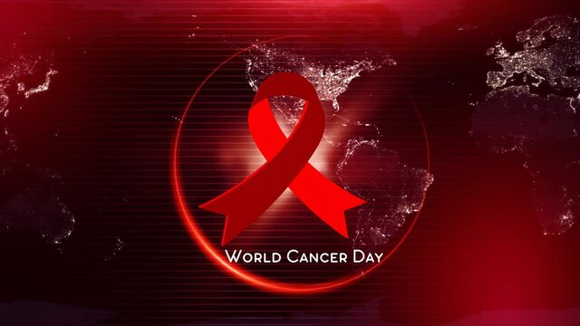 World Cancer Day Background with Red Ribbon and moving world map
