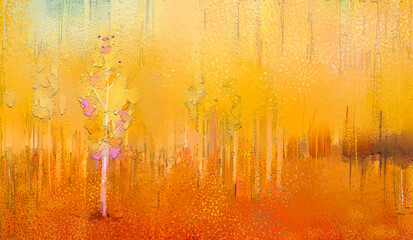 Abstract colorful oil painting on canvas texture. Semi abstract paint of landscape, tree, and flower. Modern art oil paintings nature with yellow, red color. Abstract contemporary art for background