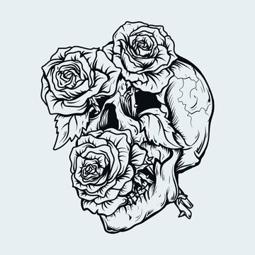 tattoo and t-shirt design black and white hand drawn illustration skull and rose engraving ornament