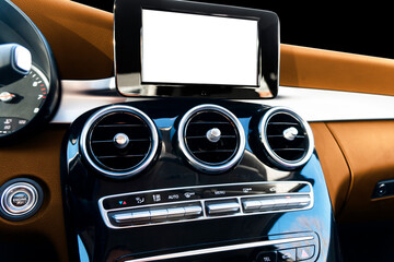 Monitor in car with isolated blank screen use for navigation maps and GPS. Isolated on white with...