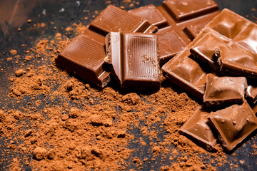 Different pieces of dark chocolate and cocoa powder on a dark surface. Space for text