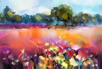 Abstrakte Ölgemäldelandschaft. Bunter blauer purpurroter Himmel. Ölgemälde im Freien auf Leinwand. Halb abstrakter Baum, Feld, Sommerwiese. Illustrationslandschaftsnatur, zeitgenössische Kunst für Hintergrund © nongkran_ch