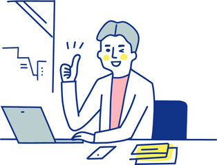 ピースサインをしながらパソコン作業をする男性　