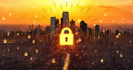 Gold Lock Symbol Shining Over The City. Secure City Concept. Technology And Business Related 3D Illustration Render