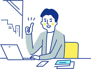 ピースサインをしながらパソコン作業をする男性　