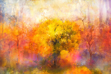 Illustration soft colorful autumn forest. Abstract fall season, yellow and red leaf on tree, outdoor landscape. Nature painting pastel design with watercolor paint. Modern art for wallpaper background - obrazy, fototapety, plakaty