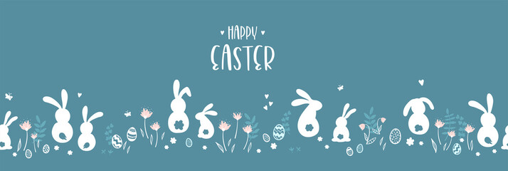 Cute hand drawn Easter horizontal design with bunnies, flowers, easter eggs, beautiful background, great for Easter Cards, banner, textiles, wallpapers - vector design