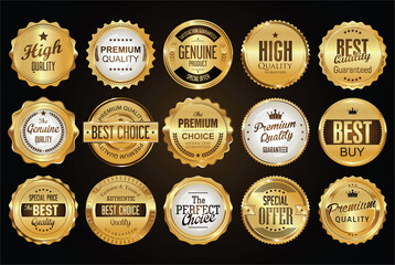 Collection of golden badges labels laurels and ribbons 