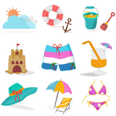 beach icons set with summer elements