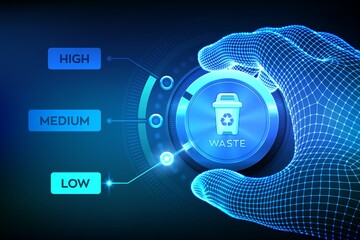 Waste management concept. Wireframe hand setting waste level button on lowest position to optimize manufacture production and reduce costs. Lean management concept. Vector illustration.