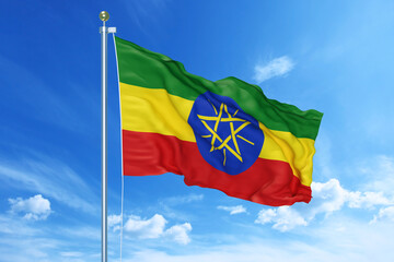 Ethiopia flag waving on a high quality blue cloudy sky, 3d illustration