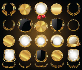 Collection of golden badges labels laurels and ribbons  - obrazy, fototapety, plakaty