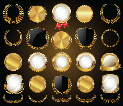Collection of golden badges labels laurels and ribbons 