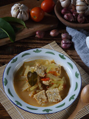 View of sayur lodeh or vegetables with coconut milk soup served in enamel plate. It is very popular Indonesian culinary food from Java, which made with chayote, tempe or tempeh, herbs, and spices.