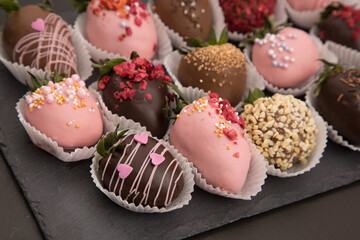 Assorted strawberries in chocolate, sweet dessert, free space for your text, sprinkled with nuts, top view, dark background.