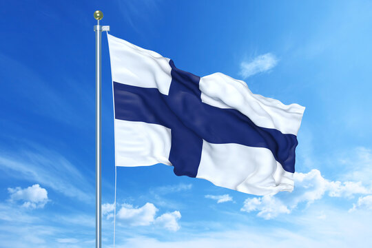 Finland flag waving on a high quality blue cloudy sky, 3d illustration
