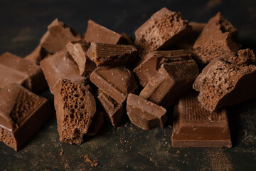 Different pieces of dark chocolate and cocoa powder on a dark surface.