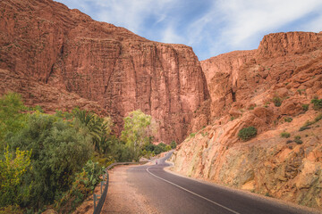 An empty winding road from the the oasis village of Tinghir towards the Todra Gorge in the eastern High Atlas mountains in Morocco.