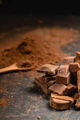 Different pieces of dark chocolate and cocoa powder on a dark surface. Space for text