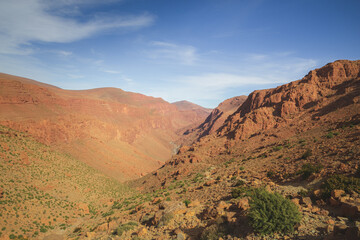 Rocky canyon landscape vista of the Todra Gorge in the eastern High Atlas Mountains in Morocco, near the village of Tinghir.