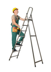 Professional constructor climbing ladder on white background © New Africa