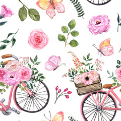 Fototapety  Akwarela kwiatowy wzór z różowym rowerem, roślinami i motylami. Ładny nadruk botaniczny, ilustracja kwiat wiosna z rowerem i ogród różowe kwiaty na białym tle. Zabytkowy styl
