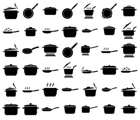 Frying pan and pan set icon. Cooking , roasting food logo isolated on white background