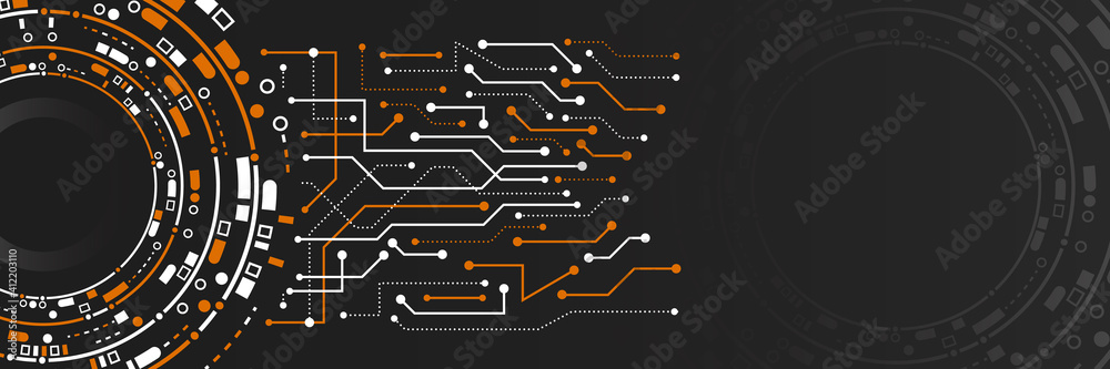 Aufkleber Digital poster templates. Technology or science design. Vector banner design with circle and circuit board abstract background. High tech design concept. Futuristic business layout.