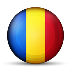 Glass light ball with flag of Romania. Round sphere, template icon. Romanian national symbol. Glossy realistic ball, 3D abstract vector illustration highlighted on a white background. Big bubble.