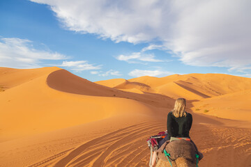 A young blonde female tourist on a camelback excursion along the desert sand dunes of Erg Chebbi...