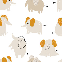 Vector handgetekende gekleurde kinderachtig naadloze herhalend eenvoudig plat patroon met schattige olifanten en in Scandinavische stijl op een witte achtergrond. Schattige babydieren. Patroon voor kinderen.