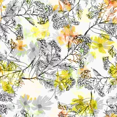 Rolgordijnen Vintage seamless watercolor pattern of plants. Herbs, chamomile watercolor. Tansy, immortelle, mimosa.yellow  flowers cornflowers, chamomile. Field and garden flowers © helgafo