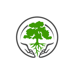 two hands with a tree in the middle. vector illustration of logo design