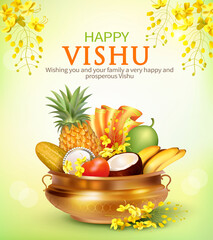 Greeting card with traditional pot uruli with fruits, vegetables and konna flowers (cassia fistula) for South Indian New Year festival Vishu (Vishukani). 