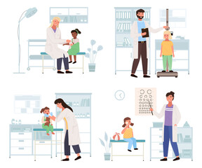 A set of illustrations on the topic of work with small patients in hospital. Children visiting the pediatrician. Doctor checks the eyes, throat and height of children. Orthopedist treats a girl