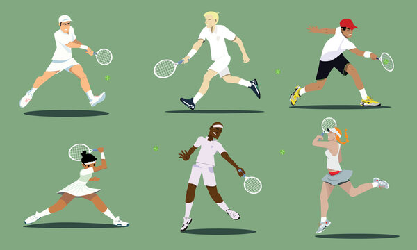 Group of tennis players in a tennis match. Set of male and female tennis players holding rackets and serving playing a game of tennis. Isolated cartoon vector Illustration of  tennis players.