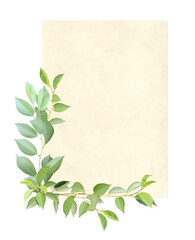 Vertical retro card with cherry tree branch with green leaves