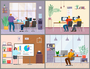 Business characters working at their workplaces at the table with computers flat design. People man and woman in modern office interior set. Businesspeople common office life vector illustration